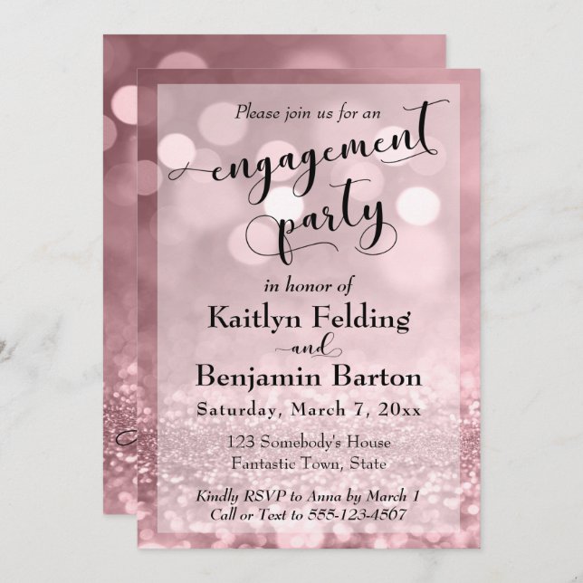 Rose Gold Glitter Bokeh Engagement Party Invitation (Front/Back)