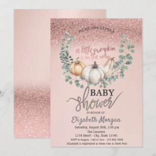 Rose Gold Glitter Bokeh,Leaves Pumpkin Baby Shower Invitation