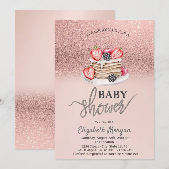 Rose Gold Glitter Bokeh, Pancakes  Baby Shower Invitation (Front/Back)