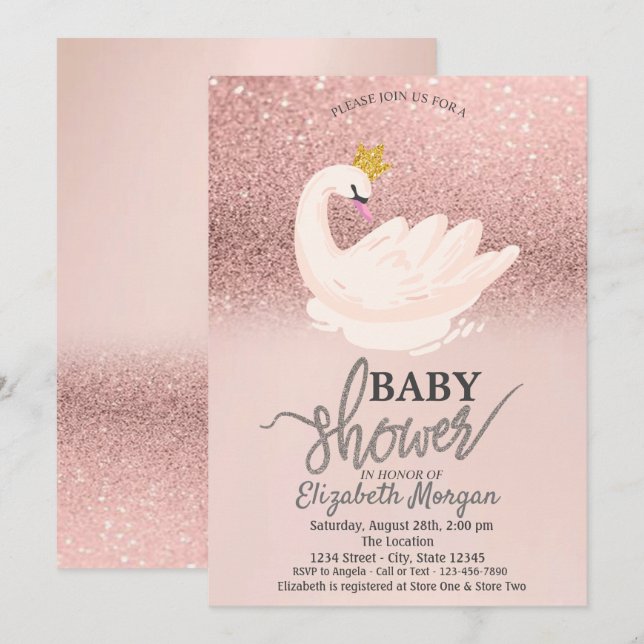 Rose Gold Glitter Bokeh,Swan Baby Shower  Invitation (Front/Back)