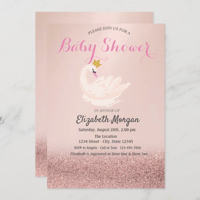 Rose Gold Glitter Bokeh,Swan Crown Baby Shower  Invitation (Front/Back)