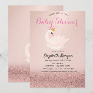 Rose Gold Glitter Bokeh,Swan Crown Baby Shower  Invitation