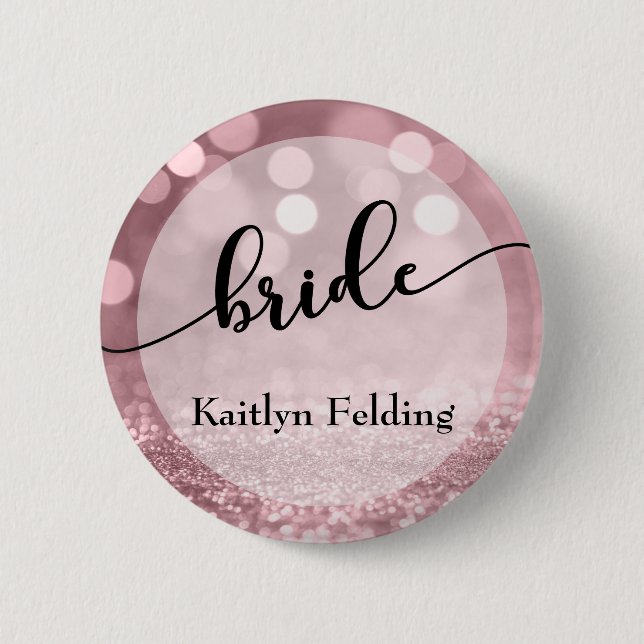Rose Gold Glitter Bokeh & Typography Bride 1 2 Inch Round Button (Front)