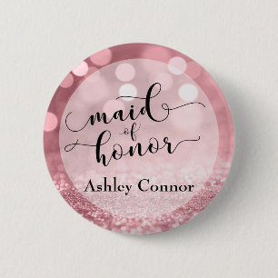 Rose Gold Glitter Bokeh & Typography Maid of Honou 2 Inch Round Button