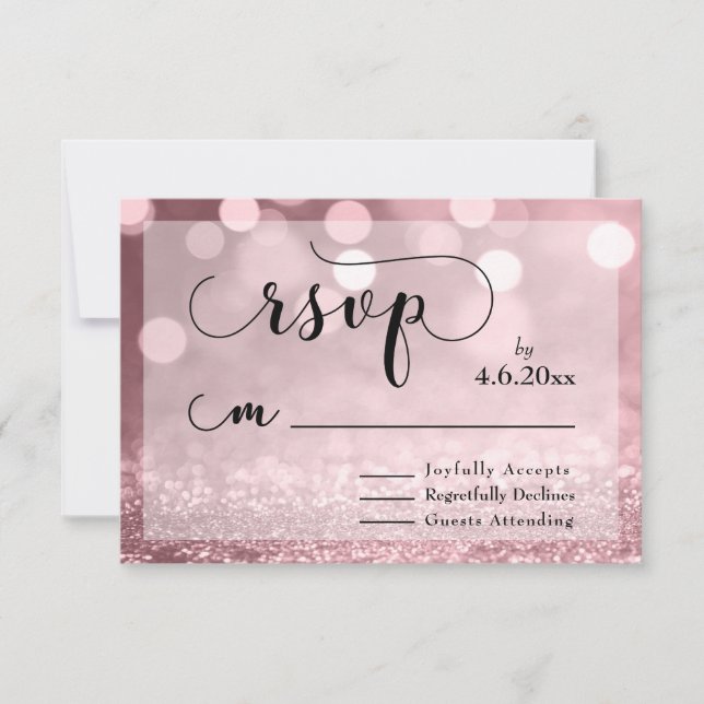 Rose Gold Glitter Bokeh & Typography RSVP (Front)