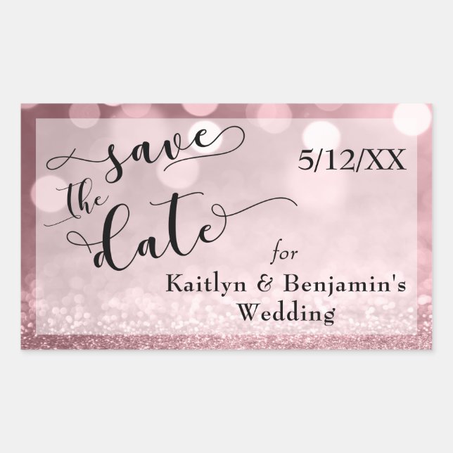 Rose Gold Glitter Bokeh & Typography Save the Date Sticker (Front)