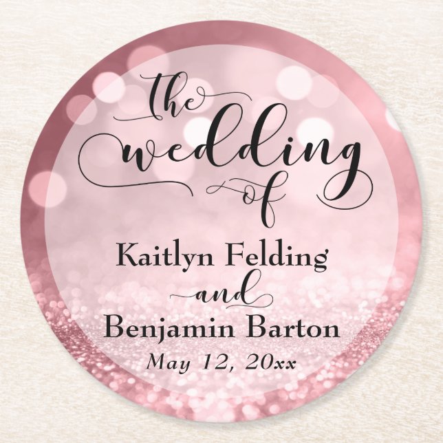 Rose Gold Glitter Bokeh & Typography Souvenir Round Paper Coaster (Front)