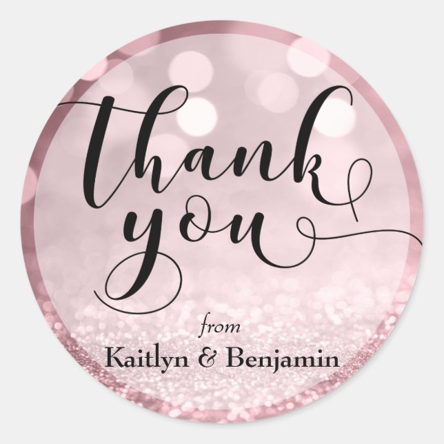 Rose Gold Glitter Bokeh & Typography Thank You 2 Classic Round Sticker (Front)