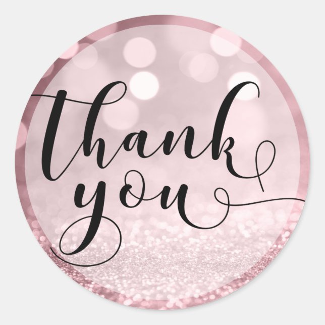 Rose Gold Glitter Bokeh & Typography Thank You 3 Classic Round Sticker (Front)