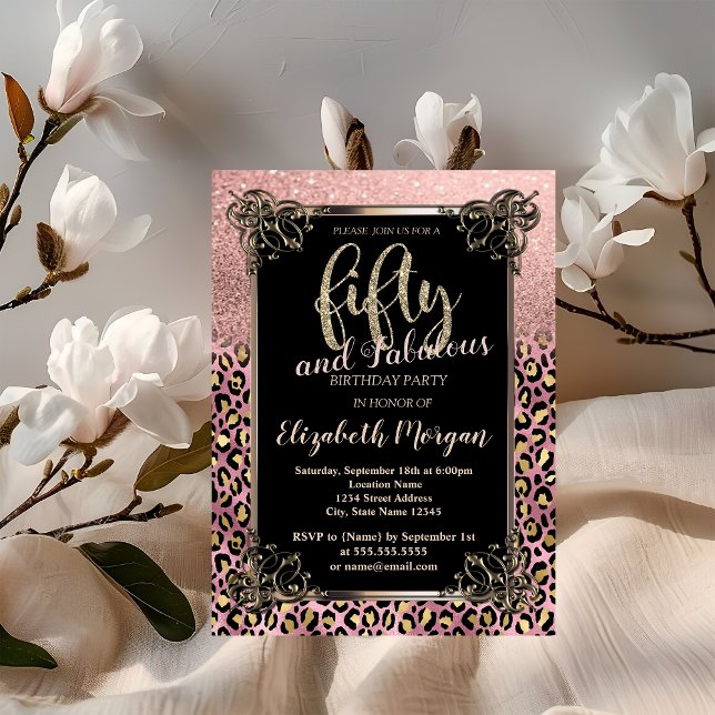 Rose Gold Glitter Border Leopard 50th Birthday  Invitation (Creator Uploaded)