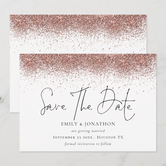 Rose Gold Glitter Border Wedding  Save The Date (Front/Back)