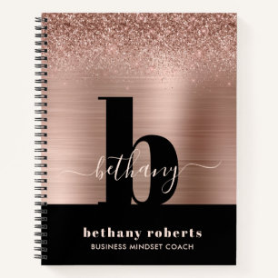 Rose Gold Glitter Brushed Metal Black Monogram Notebook
