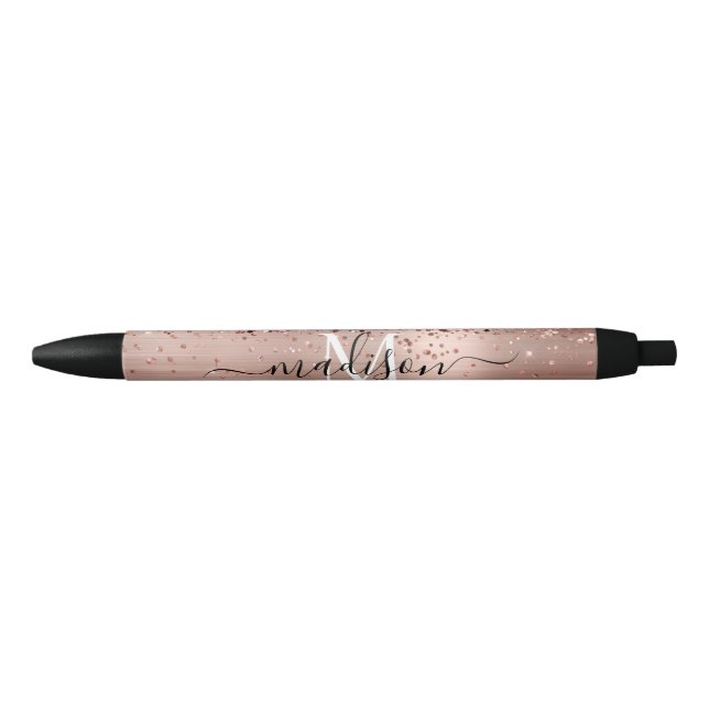 Rose Gold Glitter Brushed Metal Monogram Script Black Ink Pen (Front)