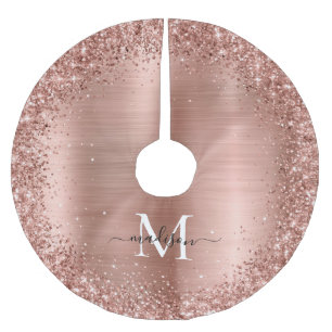 Rose Gold Glitter Brushed Metal Monogram Script Brushed Polyester Tree Skirt
