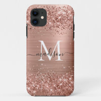 Rose Gold Glitter Brushed Metal Monogram Script