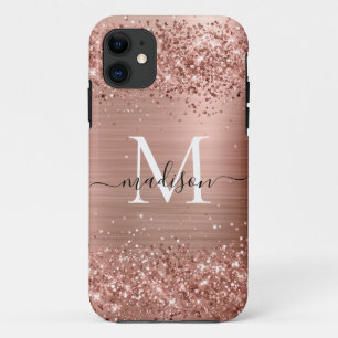 Rose Gold Glitter Brushed Metal Monogram Script iPhone 11 Case