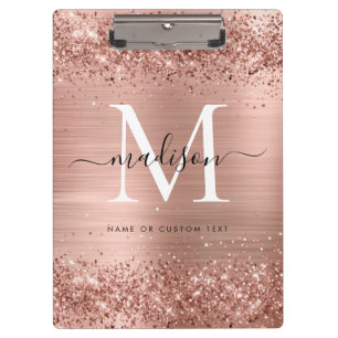 Rose Gold Glitter Brushed Metal Monogram Script Clipboard