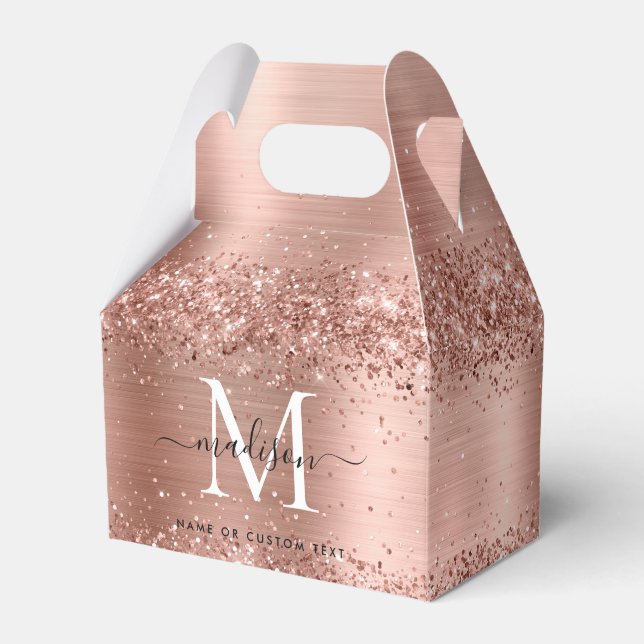 Rose Gold Glitter Brushed Metal Monogram Script Favor Box (Front Side)