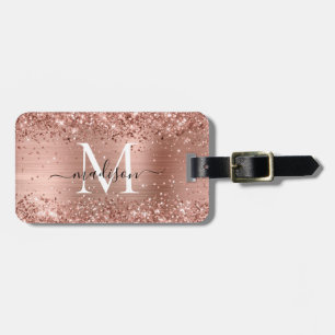 Rose Gold Glitter Brushed Metal Monogram Script Luggage Tag