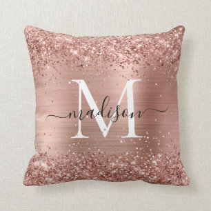 Rose Gold Glitter Brushed Metal Monogram Script Throw Pillow
