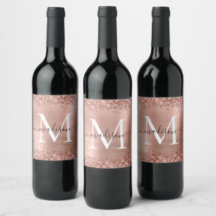 Rose Gold Glitter Brushed Metal Monogram Script Wine Label