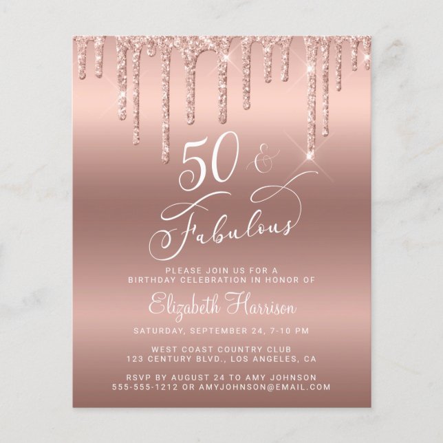 Rose Gold Glitter Budget 50th Birthday Invitation Flyer (Front)
