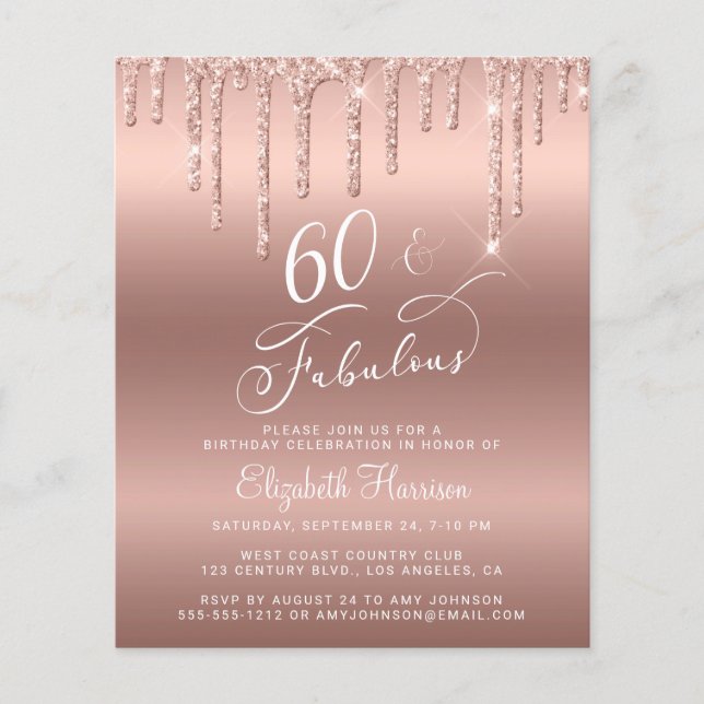 Rose Gold Glitter Budget 60th Birthday Invitation Flyer (Front)