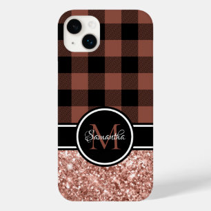 Rose Gold Glitter Buffalo Plaid Monogram Case-Mate iPhone 14 Plus Case