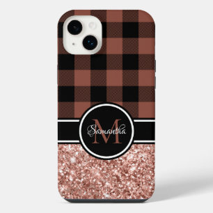Rose Gold Glitter Buffalo Plaid Monogram iPhone 14 Plus Case
