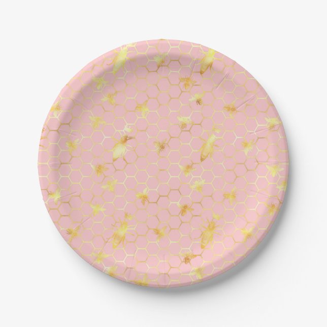 Rose Gold Glitter Bumble Bee Birthday Theme  Paper Plate (Front)