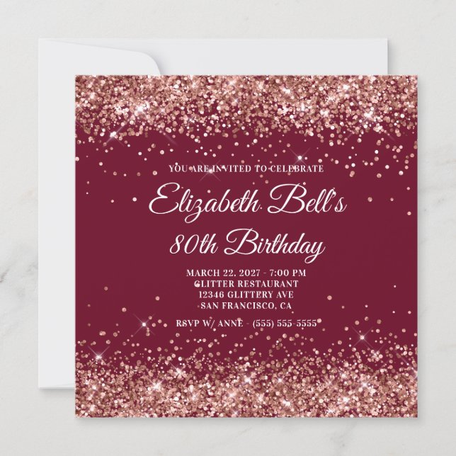 Rose Gold Glitter Burgundy 80th Birthday Invitation (Front)