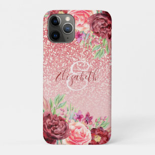 Rose Gold Glitter Burgundy Floral Personalized iPhone 11 Pro Case