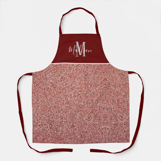 Rose Gold Glitter Burgundy Monogram Personalized Apron (Front)