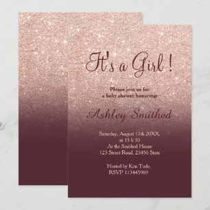 Rose gold glitter burgundy ombre girl baby shower invitation