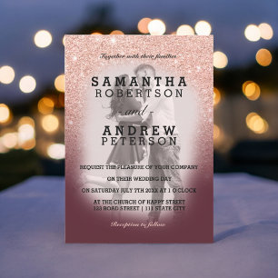 Rose gold  glitter burgundy ombre photo wedding invitation