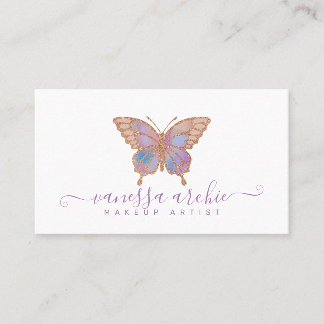Rose Gold Glitter Butterfly Logo Business Card (Front)