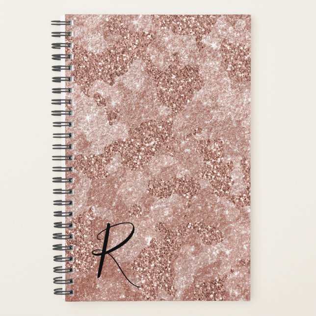Rose Gold Glitter Camouflage Yearly Monogram Planner (Front)