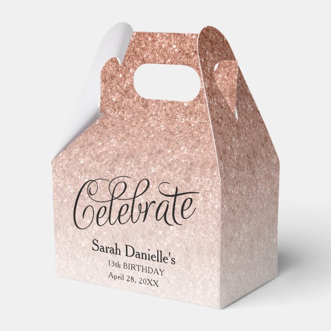 Rose Gold Glitter Celebrate Custom Birthday Favor Box (Front Side)