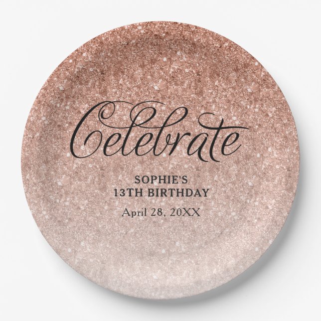 Rose Gold Glitter Celebrate Personalized Paper Plate (Front)