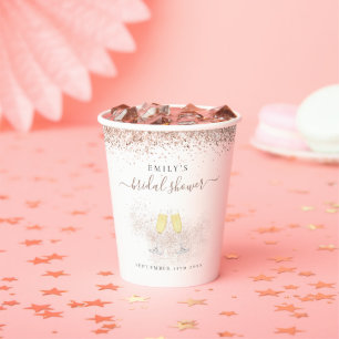 Rose Gold Glitter Champagne Name Bridal Shower Paper Cups