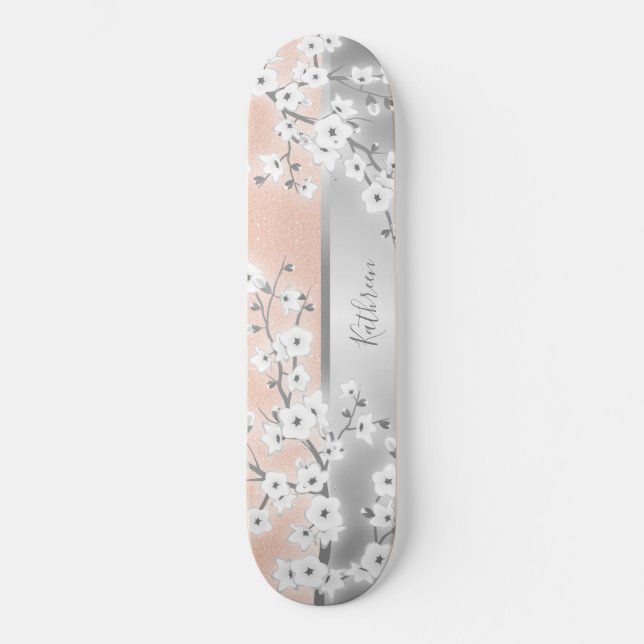 Rose Gold Glitter Cherry Blossom Monogram Girly Skateboard (Front)