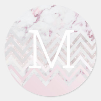 Rose gold glitter chevron pink marble monogram classic round sticker