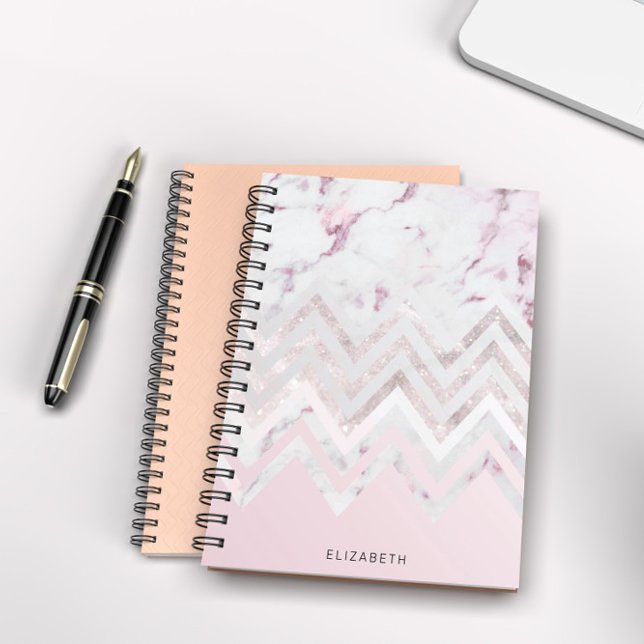 Rose Gold Glitter Chevron Pink Marble Monogram Notebook (Creator Uploaded)