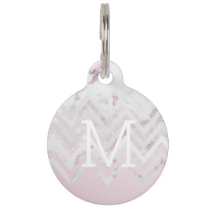 Rose gold glitter chevron pink marble monogram pet tag