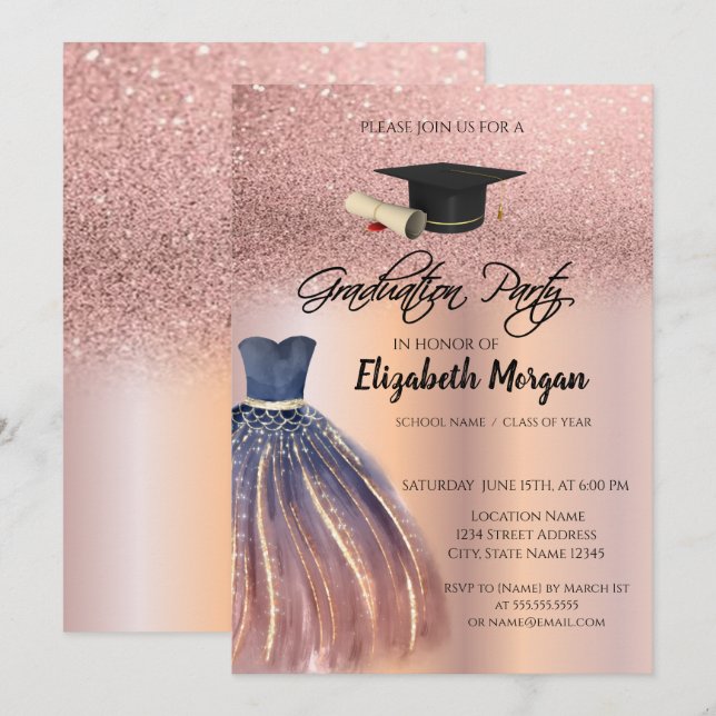 Rose Gold Glitter Chic Dress Grad Cap Graduation Invitation (Front/Back)