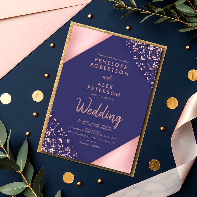 Rose Gold Glitter Chic Geometric Stripes Wedding Invitation (Creator Uploaded)