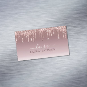 Rose Gold glitter chic script with monogram Busine Magnetic Business Card