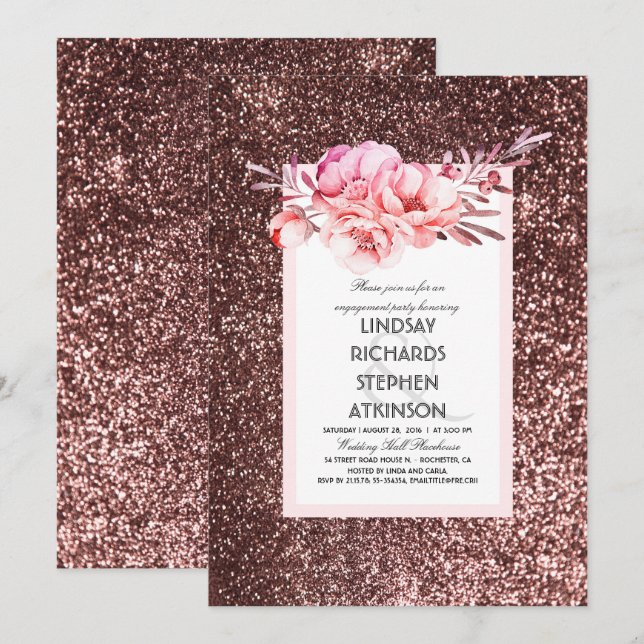 Rose Gold Glitter Chic Vintage Engagement Party Invitation (Front/Back)