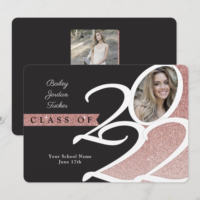 Rose Gold Glitter Class of 2022 Photo Graduation Announcement (Front/Back)