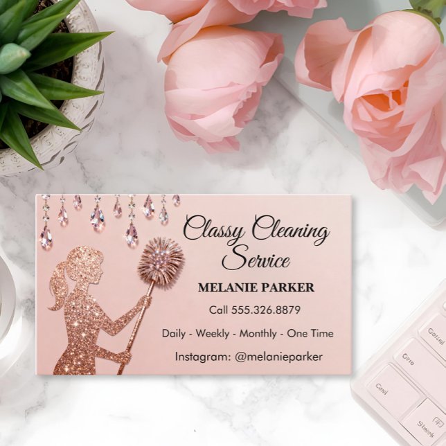Rose Gold Glitter Classy Cleaning Services Business Card (Creator Uploaded)